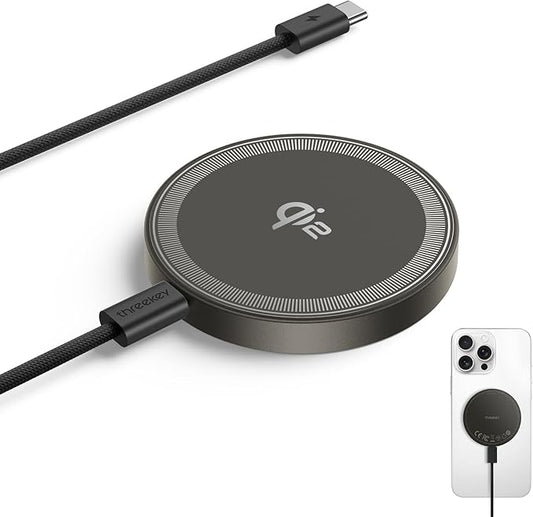 THREEKEY Qi2 MagSafe Charger, Magnetic Charger for iPhone 17/16/15/14/13/12 Series & Galaxy S25 Ultra, Qi2 Wireless Charger Dual-Sided Magnets, 15W Fast Charging Pad with 5FT USB-C Cable (Bronze)