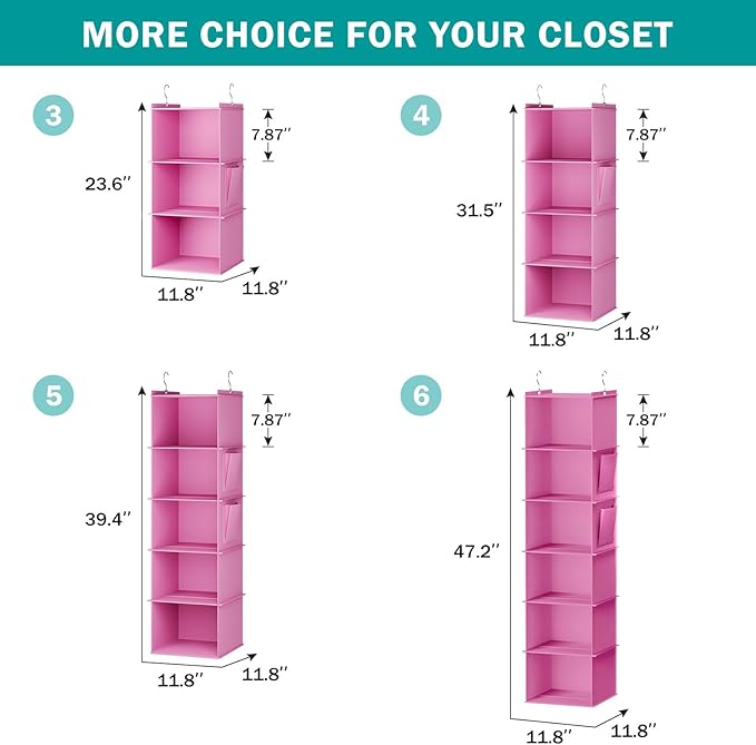 YOUDENOVA Hanging Closet Organizer, 4-Shelf Closet Hanging Storage Shelves, Light Pink