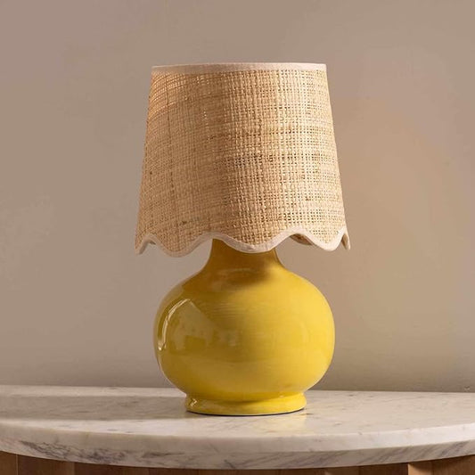 BoutiqueRugs Navarro Boho Ceramic Bedside Table Lamp for Bedroom Nightstand and Living Room - Shade Rattan - Mustard, Yellow, Beige - 13" H