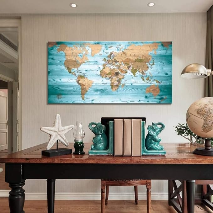 Large Wall Art Blue map of The World Painting Ready to Hang 29"x58"Large Framed Wall Art World Map Canvas Map Decorations Artwork Prints