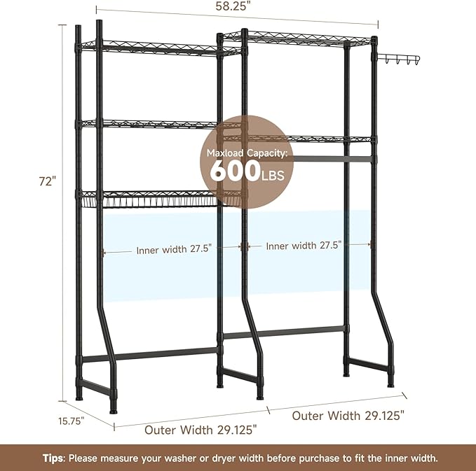 Over Washer and Dryer Shelves,Heavy Duty Laundry Room Storage Organization Clothes Drying Rack,5 Tier Adjustable Height Wire Shelving and Wire Basket with Hanger Rod&Hook,Space Saving Shelf