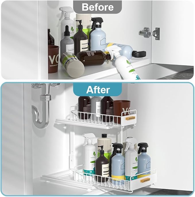 Under Sink Organizer Kitchen, Pull Out Cabinet Organizer 2 Tier Slide Out Sink Shelf Cabinet Storage Shelves, Under Sink Storage for Kitchen Bathroom Cabinet, White, 1 Pack