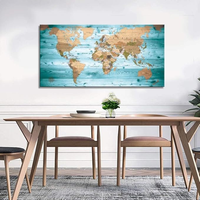 Large Wall Art Blue map of The World Painting Ready to Hang 29"x58"Large Framed Wall Art World Map Canvas Map Decorations Artwork Prints