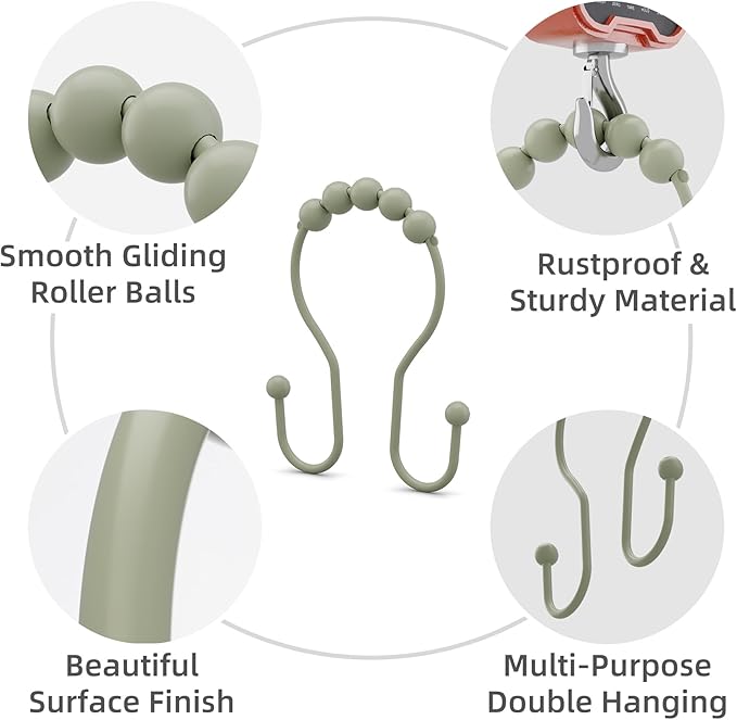 Sage Green Shower Curtain Hooks Shower Curtain Rings Rust Proof Sturdy Metal Double Shower Curtain Hooks, Shower Hooks for Shower Curtain Bathroom Shower Rod Hooks Hangers