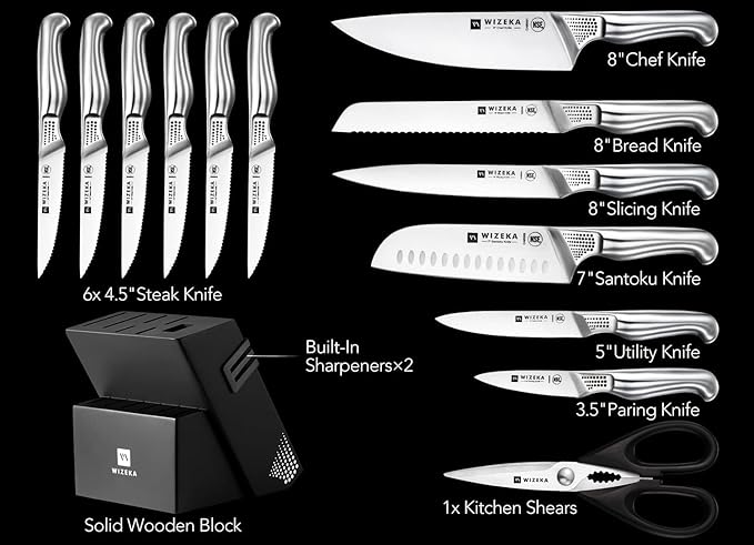 WIZEKA Kitchen Knife Set with Block: 15PCS German Stainless Steel Knife Block Set,One-Piece Design Knives Set for Kitchen, Professional Knife Set with Built-in Sharpener,Starry Sky Series