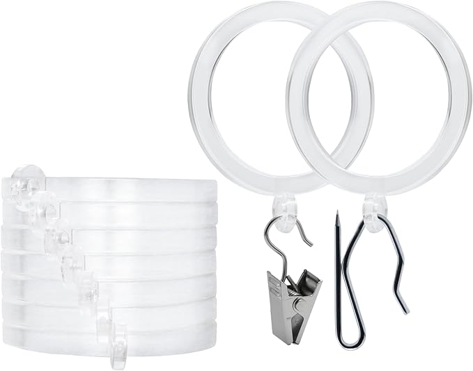 BlastHome® Luxury Curtain Rings - Premium Metal with Quiet, Smooth Nylon Inserts - Pinhooks and Clips Included - 1 1/2" Inside Diameter - 9 Rings for One Standard Curtain - Clear Acrylic