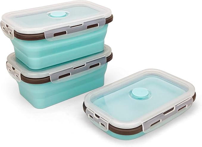 CARTINTS Set of 3 Collapsible Food Storage Containers with Lids, Collapsible Silicone Bowls, Silicone Lunch Containers, For Meal Prep, Camping, Travel, Microwave and Freezer Safe,500ml,Blue