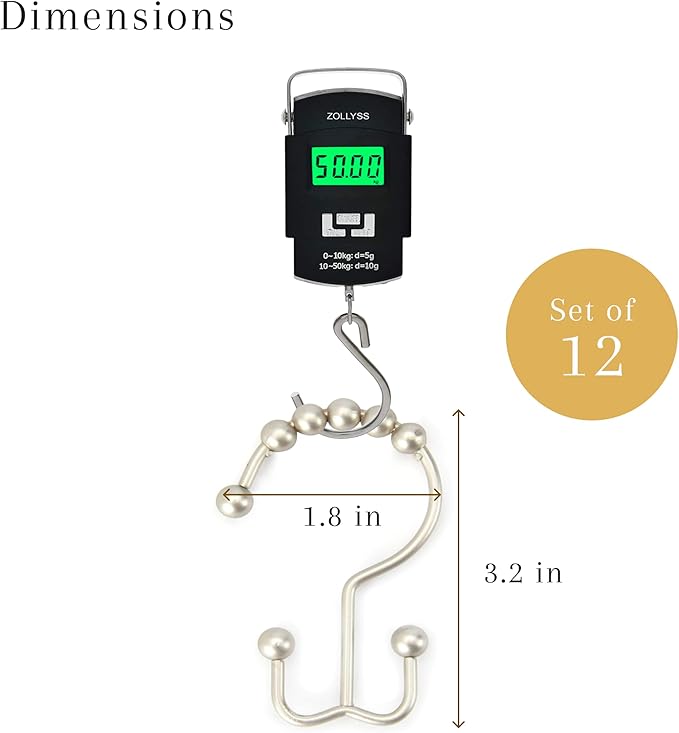 2lbDepot Double Sided Shower Curtain Hooks, Decorative Brushed Nickel Shower Curtain Hooks Rust Proof, Premium Stainless Steel Metal Hooks, Easy Glide Rollers, Set of 12 Curtain Rod Rings