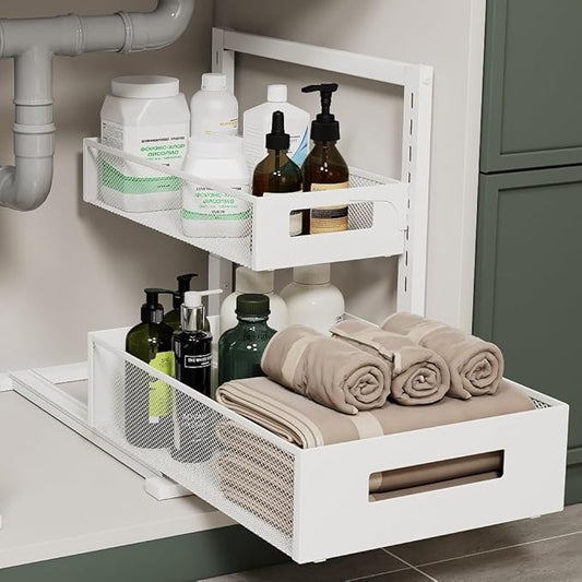 Under Sink Organizer Adjustable Height 2 Tier Bathroom Organizer Pull Out Cabinet Organer kitchen organizers and storage fridge organizers and storage,White,XL-1 Pack
