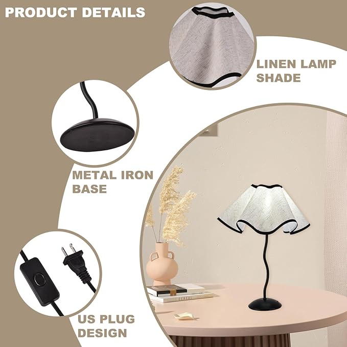 Small Table Lamp Modern Black Bedside Table Lamp Mini Linen Deco Night Stand Light Lamp with Fabric Shade Modern Desk Light for Living Room, Kids Room, Home, Office