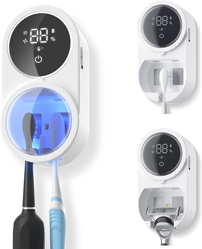 Toothbrush Holder and Cleaner Razor Holder/Dryer Light Cleaning and Air Drying Automatic Ratating Cover Rechargeable Wall Mounted for Bathroom Portable for Trip