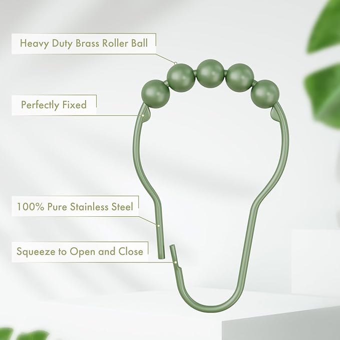 Amazer Shower Curtain Hooks, Decorative Shower Curtain Hooks, Sage Green Rustproof Stainless Steel Shower Hooks for Shower Curtain Liner Shower Rod Hook 12pcs