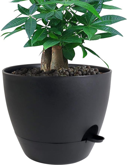 12 inch Large Self Watering Pots, Plastic Planters with 60oZ Removable Deep Reservoir and Multi Mesh Drainage Holes for Indoor Outdoor Garden Plants and Flowers, Black