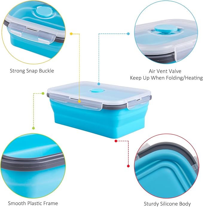 Collapsible Food Storage Containers with Airtight Lid, 40.5 oz, Large Kitchen Stacking Silicone Collapsible Meal Prep Container Set for Leftover, Microwave Freezer Dishwasher Safe, 4 Colors, Set of 4