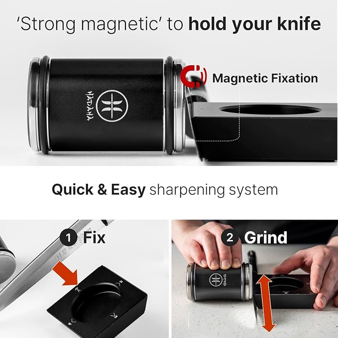 HADANA Black Edition Rolling Knife Sharpener - Easy to use 2-Whetstone Knife Sharpener Kit with #360 Diamond & #600 Ceramic, Durable Aluminum Alloy Body, Magnetic Knife Holder with Silicone Pad