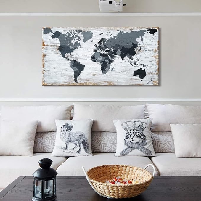 world map Canvas Wall Art Black Wall Decor Office Map of the world Pictures for Living Room Decoration Map Picture Framed Artwork for Home Bedroom Decoration 20"x40"