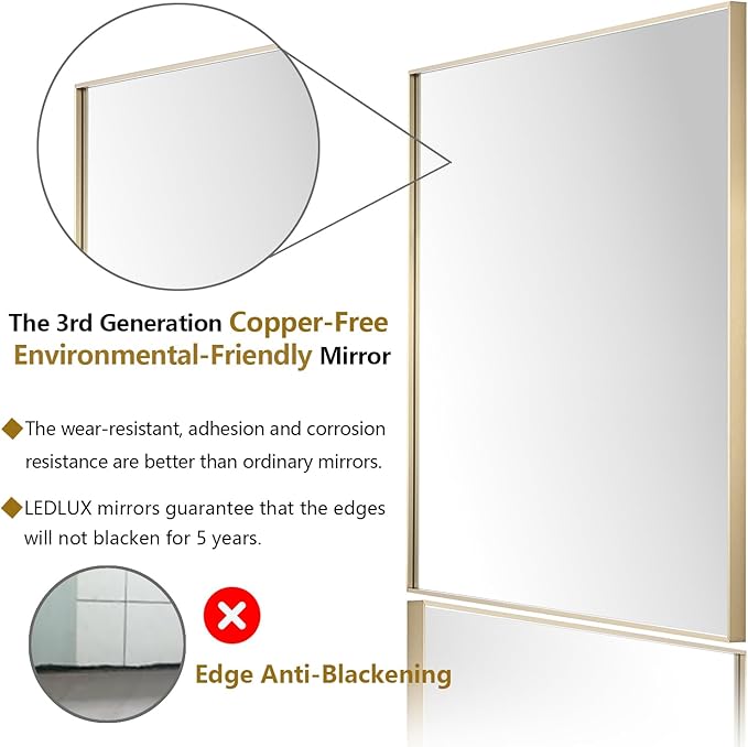 20x36 Inch Gold Bathroom Mirror - Copper-Free Mirror, Aluminum Alloy Frame Vanity Rectangle Wall Mounted Modern Mirror for Bedroom/Living Room/Porch Horizontal or Vertical
