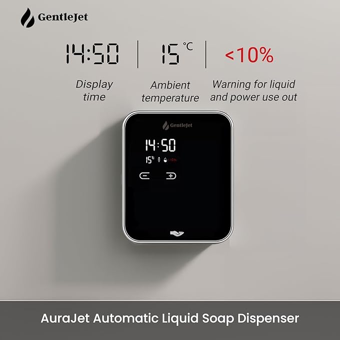 AuraJet Automatic Liquid Soap Dispenser Touchless - Adjustable Levels, Digital Display, Aluminum Alloy Body, Battery Operated or USB-Powered Automatic Hand Soap Dispenser Wall Mount
