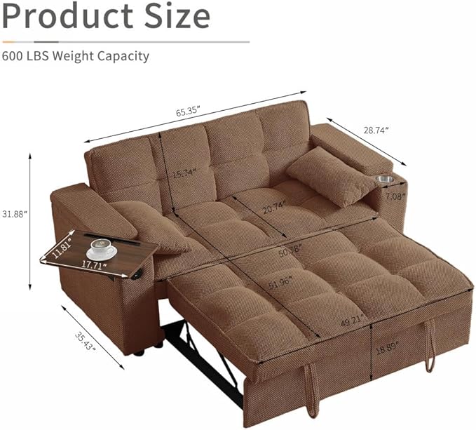 65'' Convertible Sleeper Sofa Bed with Adjustable Backrest, Chaise Lounge, Side Table & USB/Type-C Ports – Stylish & Functional Addition to Any Living Room (Brown)