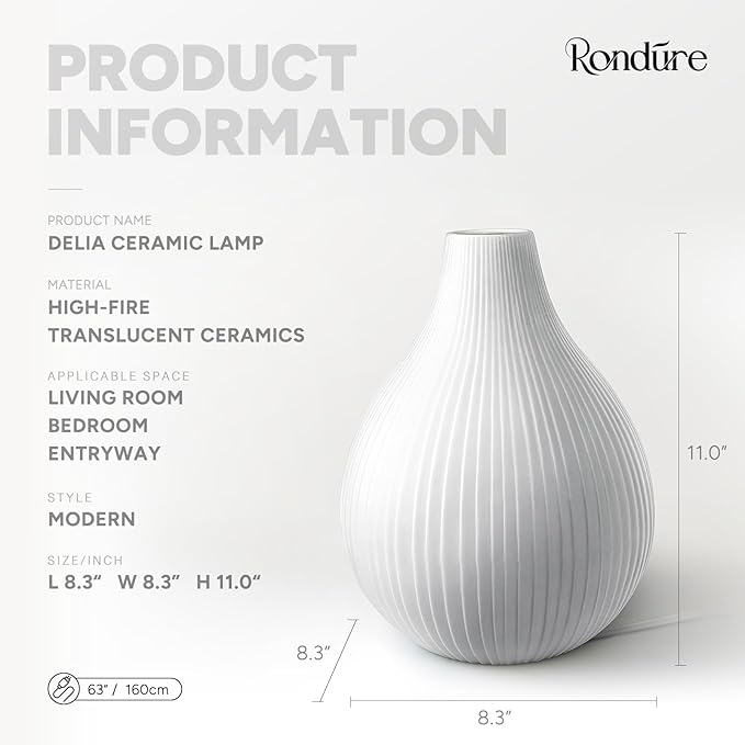 RONDURE 11.0" Modern Ceramic Table Lamp, Modern Bedside Lamps for Bedroom, Living Room and Nightstand, White Translucent Ceramic Shade, Warm Ambient Lighting, Home Decor