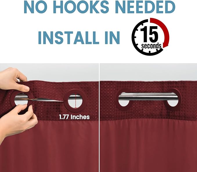 Burgundy No Hook Shower Curtain with Snap in Liner,230GSM Waffle Weave Shower Curtains for Bathroom,71W x 74H