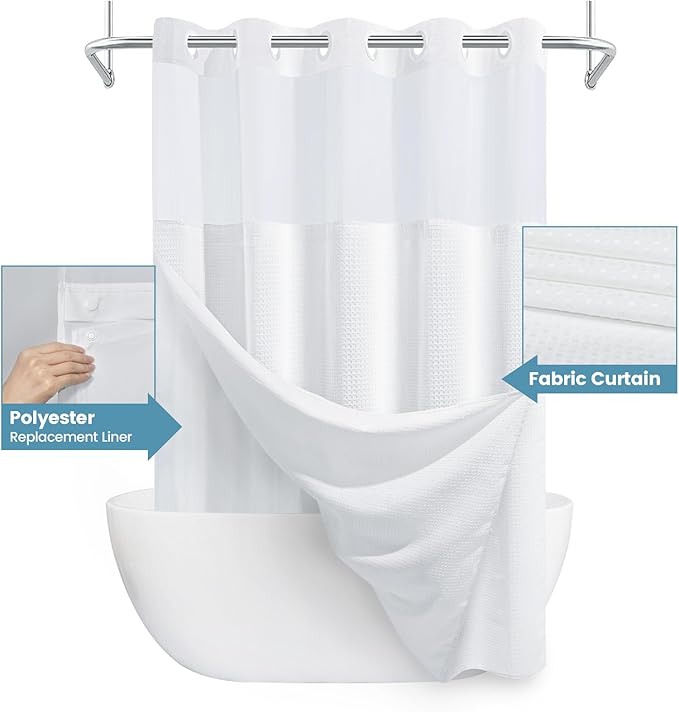 White Long No Hook Shower Curtain with Snap in Liner,230GSM Waffle Weave Shower Curtains for Bathroom,71W x 86H