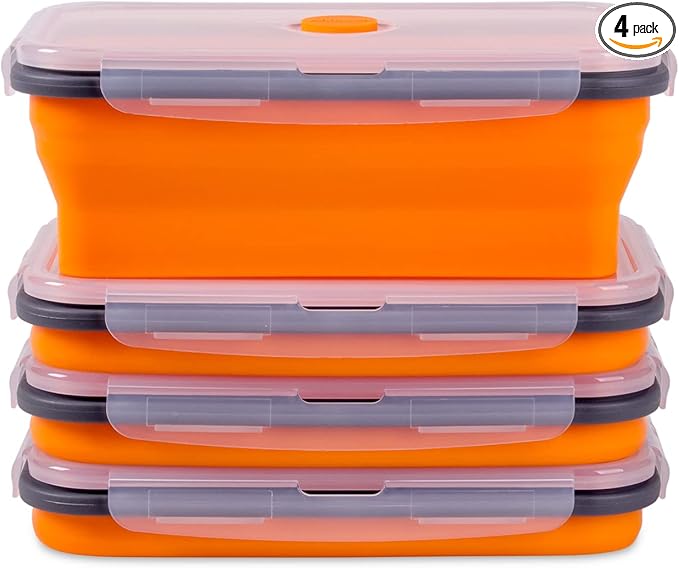 Collapsible Food Storage Containers with Airtight Lid & Vent, 40.5 oz, Kitchen Stacking Silicone Collapsible Meal Prep Container Set for Leftover, Microwave Freezer Dishwasher Safe, Orange, Set of 4