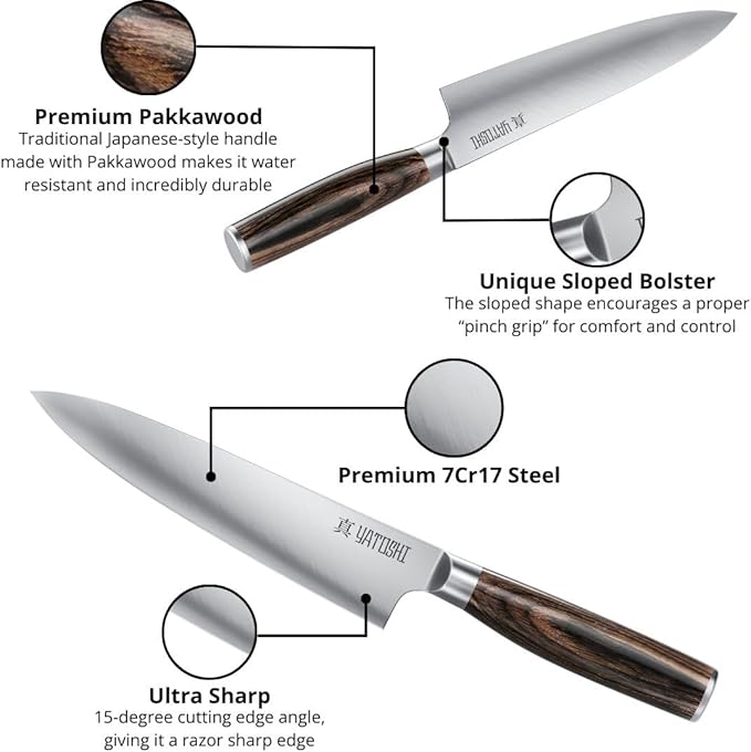 Yatoshi 15 Piece Knife Block Set - Pro Kitchen Knife Set Ultra Sharp High Carbon Stainless Steel with Ergonomic Handle