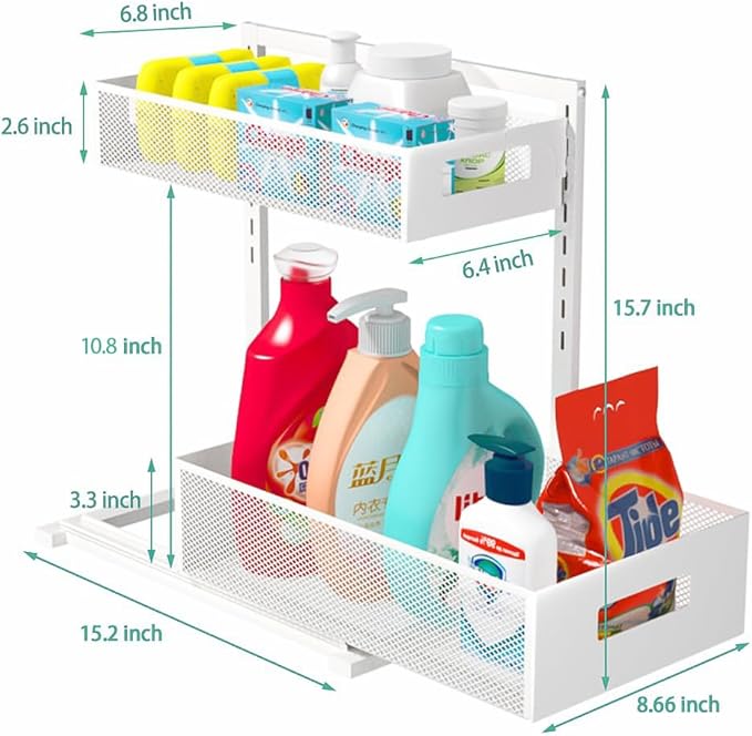 Under Sink Organizer Adjustable Height 2 Tier Bathroom Organizer Pull Out Cabinet Organer kitchen organizers and storage fridge organizers and storage,White,XL-1 Pack