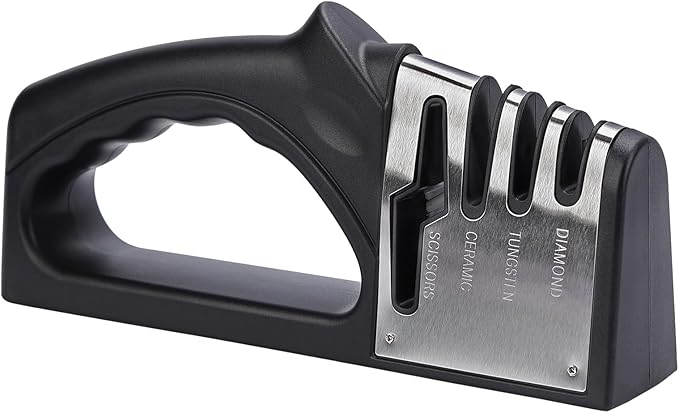 4-in-1Manual Knife Sharpener Suitable for kitchen knives, fruit knives, steel knives, scissors, and 3-level precision sharpening.Non slip base, suitable for home use (black)