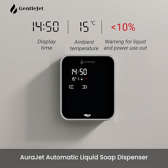 AuraJet Automatic Liquid Soap Dispenser Touchless - Adjustable Levels, Digital Display, Aluminum Alloy Body, Battery Operated or USB-Powered Automatic Hand Soap Dispenser Wall Mount