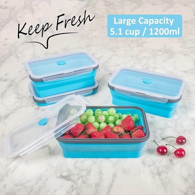 Collapsible Food Storage Containers with Airtight Lid & Air Vent, 40.5 oz, Kitchen Stacking Silicone Collapsible Meal Prep Container Set for Leftover, Microwave Freezer Dishwasher Safe, Blue, Set of 4