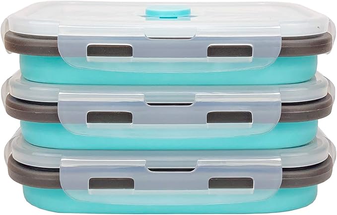 CARTINTS Set of 3 Collapsible Food Storage Containers with Lids, Collapsible Silicone Bowls, Silicone Lunch Containers, For Meal Prep, Camping, Travel, Microwave and Freezer Safe,500ml,Blue