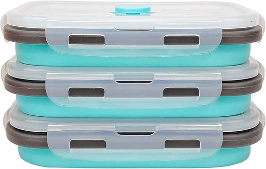 CARTINTS Set of 3 Collapsible Food Storage Containers with Lids, Collapsible Silicone Bowls, Silicone Lunch Containers, For Meal Prep, Camping, Travel, Microwave and Freezer Safe,500ml,Blue