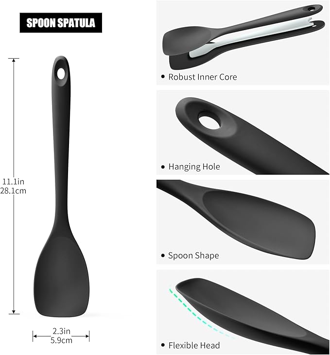 Doosu Silicone Spoon Spatula, 600ºF Heat-Resistant Food Grade Rubber Spoonula with Seamless Design, Non-Stick Flexible Scraper Kitchen Cooking Spoon Baking Tool for Mixing, Scraping (Black)