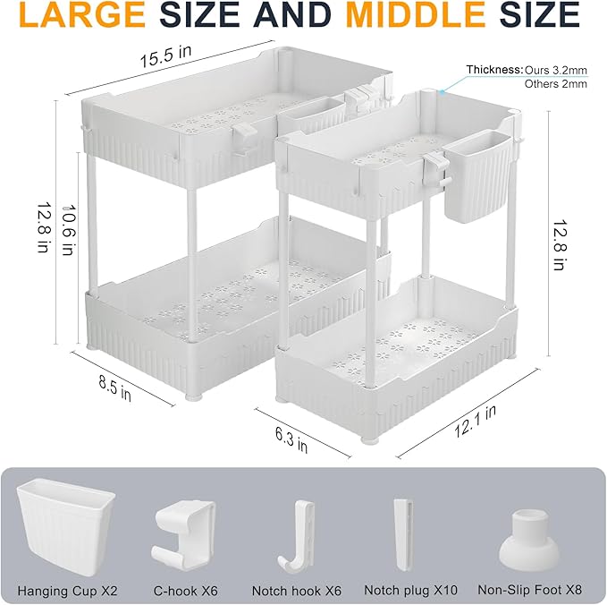 2 Pack Under Sink Organizer, Under Bathroom Cabinet Organizer with Hooks Hanging Cup, Multi-Purpose Storage Shelf for Kitchen Bathroom (White, L)