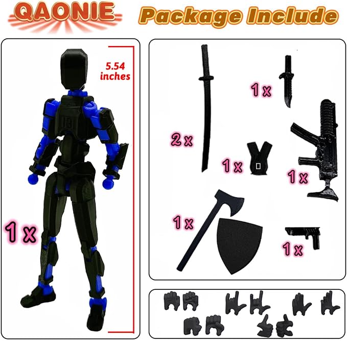 (Assembly Completed) 3D Printed Figure 5.54-inch Dummy13 with Weapon Expansion Set and Bracket, Full Body Mechanical Movable Toy, Desk Decoration. (Black+Blue)