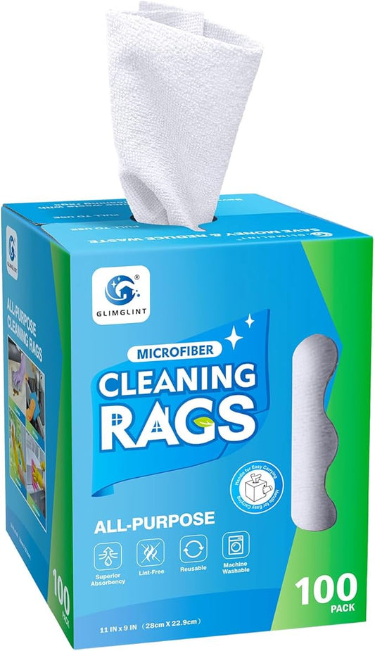 GLIMGLINT Microfiber Cleaning Cloth, 100 Pack Shop Towels, Lint-Free, Ultra Absorbent Reusable or Disposable Microfiber Cloths for Kitchen, Car, Cleaning Rags, 11" x 9", White