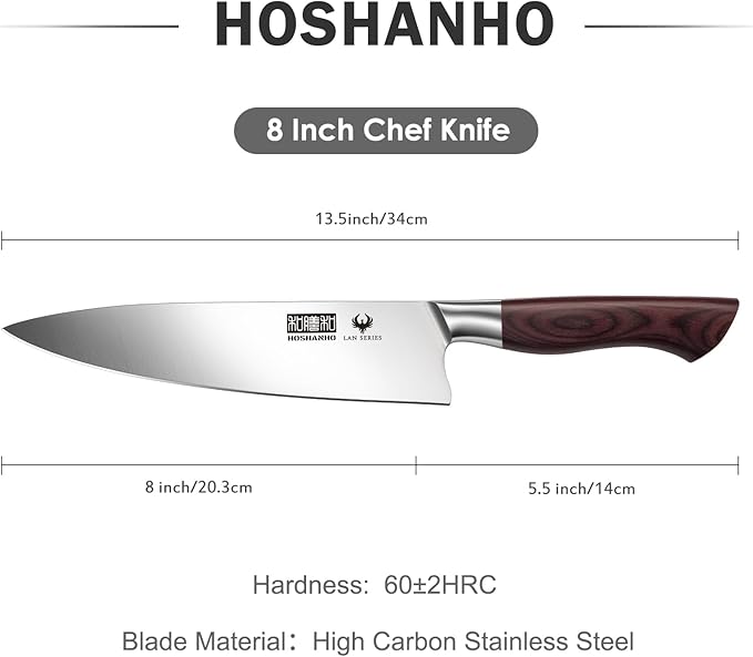 HOSHANHO 8 Inch Chef Knife for Cooking, Super Sharp High Carbon Stainless Steel Kitchen Knife, Professional Japanese Knife with Durable Wood Handle
