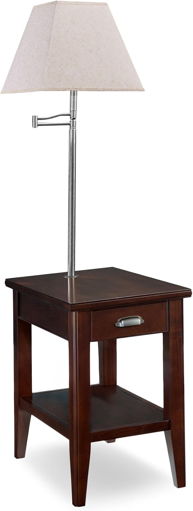 Laurent Solid Wood Side Table with Built-In Swing Arm Lamp and Drawer, Chocolate Cherry Brown, Perfect for Living Rooms, Offices, and Small Spaces – Leick Home, 10537