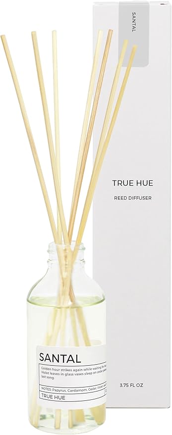 Luxury Reed Diffuser| True Hue | 3.75 fl oz | Glass and Rattan | Lasts for 2-3 Months | Fragrance Diffusers for Home | Handmade in USA (Santal)