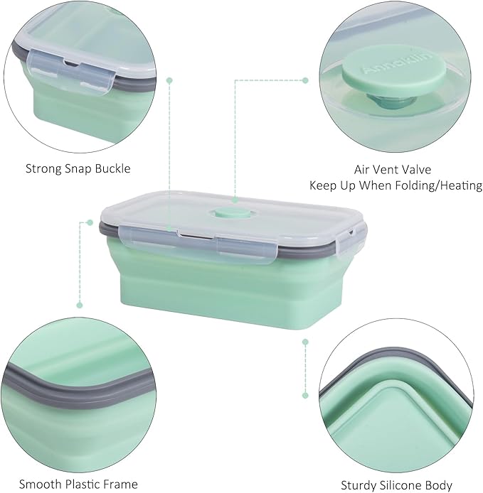 Collapsible Food Storage Containers with Lids & Vent, 27 oz, Kitchen Stacking Silicone Collapsible Meal Prep Container Set for Leftover, Microwave Freezer Dishwasher Safe, Mint Green, 4 Pack