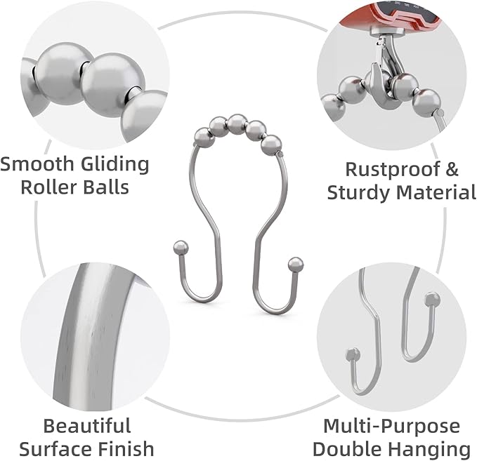 Shower Curtain Hooks Chrome Shower Curtain Rings Rust Proof, Smooth Glide Double Shower Curtain Hooks, 12Pcs Shower Curtain Hangers, Shower Hooks for Shower Curtain Bathroom Shower Rod Hooks