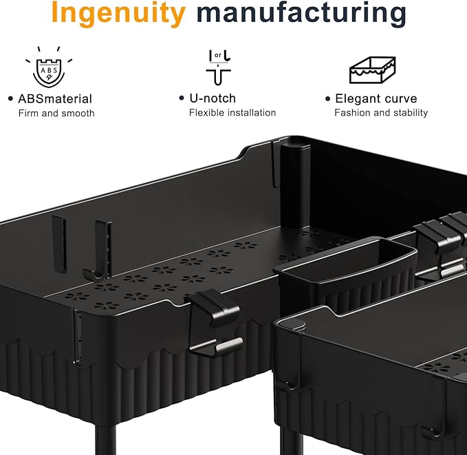 2 Pack Under Sink Organizer, Under Bathroom Cabinet Organizer with Hooks Hanging Cup, Multi-Purpose Storage Shelf for Kitchen Bathroom, Black