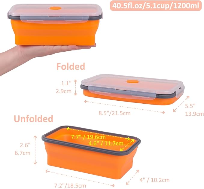 Collapsible Food Storage Containers with Airtight Lid & Vent, 40.5 oz, Kitchen Stacking Silicone Collapsible Meal Prep Container Set for Leftover, Microwave Freezer Dishwasher Safe, Orange, Set of 4