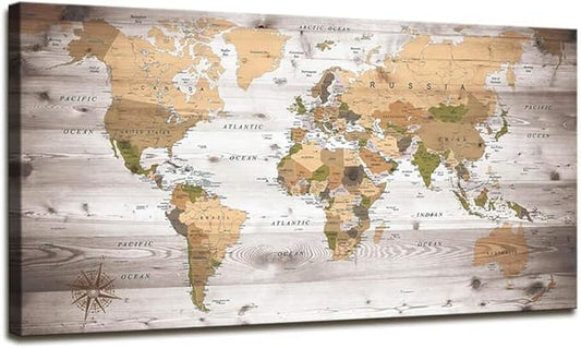 canvas Wall Art 24“x48"lagre map of the world Painting Ready to Hang Framed World Map Artwork Prints for Home