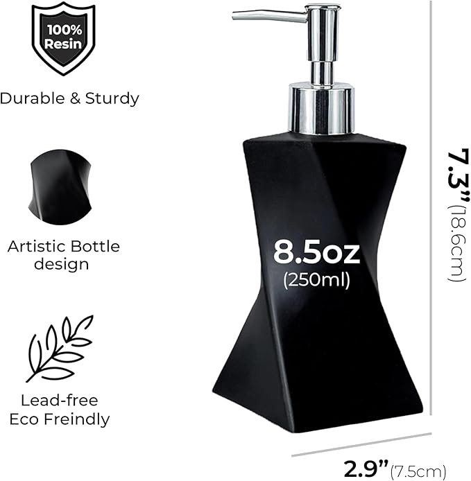 2 Pack Modern White & Black Soap Dispenser Set with Silver Pump for Bathroom and Kitchen, Contemporary Art Style, Matte Finish, Rust Proof, 8.5oz
