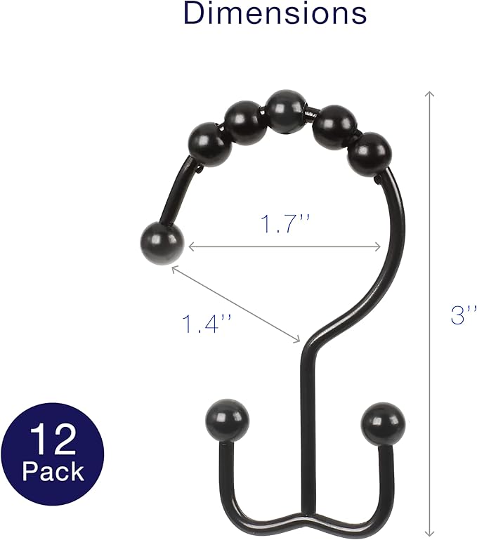 2lbDepot Double Shower Curtain Hooks Rings (Matte Black Decorative Finish) Premium Rust Resistant Stainless Steel Metal Hook, Roller Balls Glide on Shower Rods, Set of 12 Pieces
