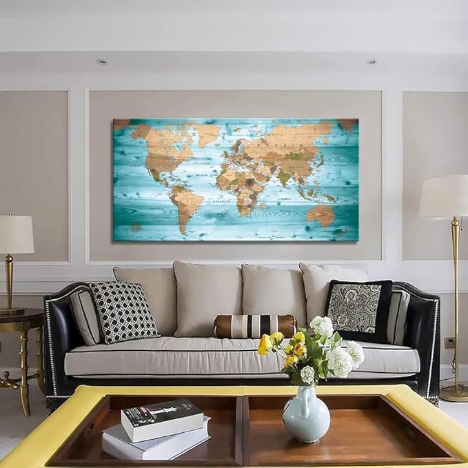 Large Wall Art Blue map of The World Painting Ready to Hang 24"x48"Large Framed Wall Art World Map Canvas Map Decorations Artwork Prints