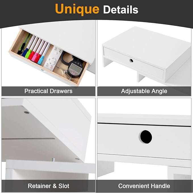 LAPTAIN Wooden Dual Monitor Stand with 2 Drawers, Monitor Stand Riser with Adjustable Length and Angle, Solid Wood Desktop Organizer Stand for Laptop/PC/Computer, No Assembly Required